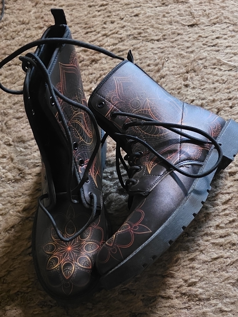 Black Lace-Up Boots with Copper Floral Accents